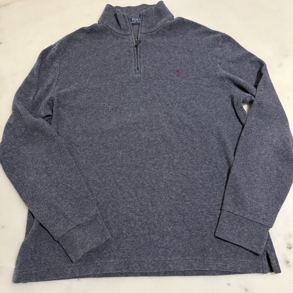 Polo Ralph Lauren Men's L Blue Grey 1/4 Zip Mock Neck Knit Pullover Sweater Logo